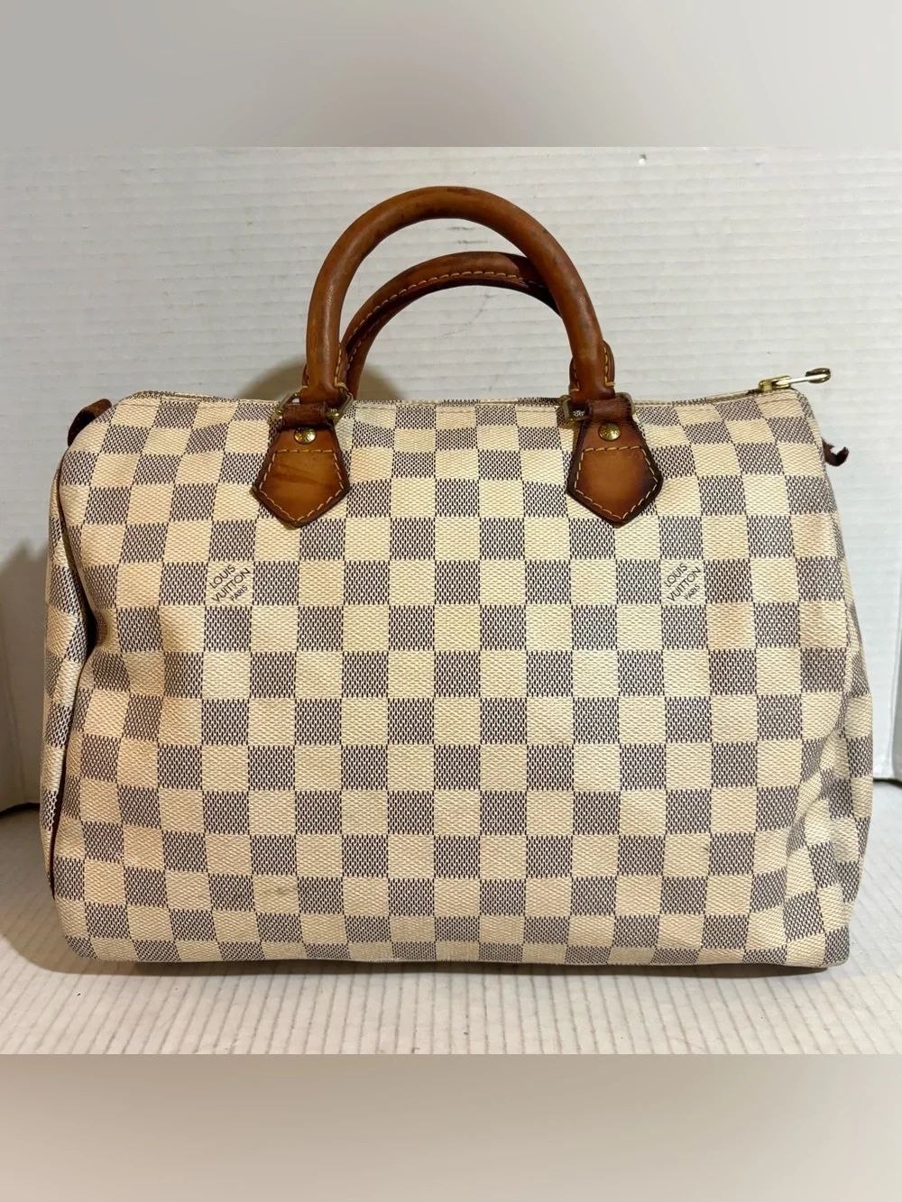 Louis Vuitton Damier Azur Canvas Speedy Bag - Cream & Brown Leather